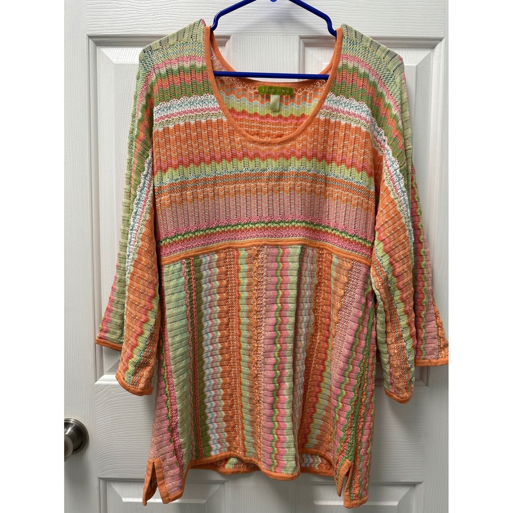 Sigrid Olsen Womens L Striped Sweater Orange Pink Green 3/4 Sleeve Scoop Neck